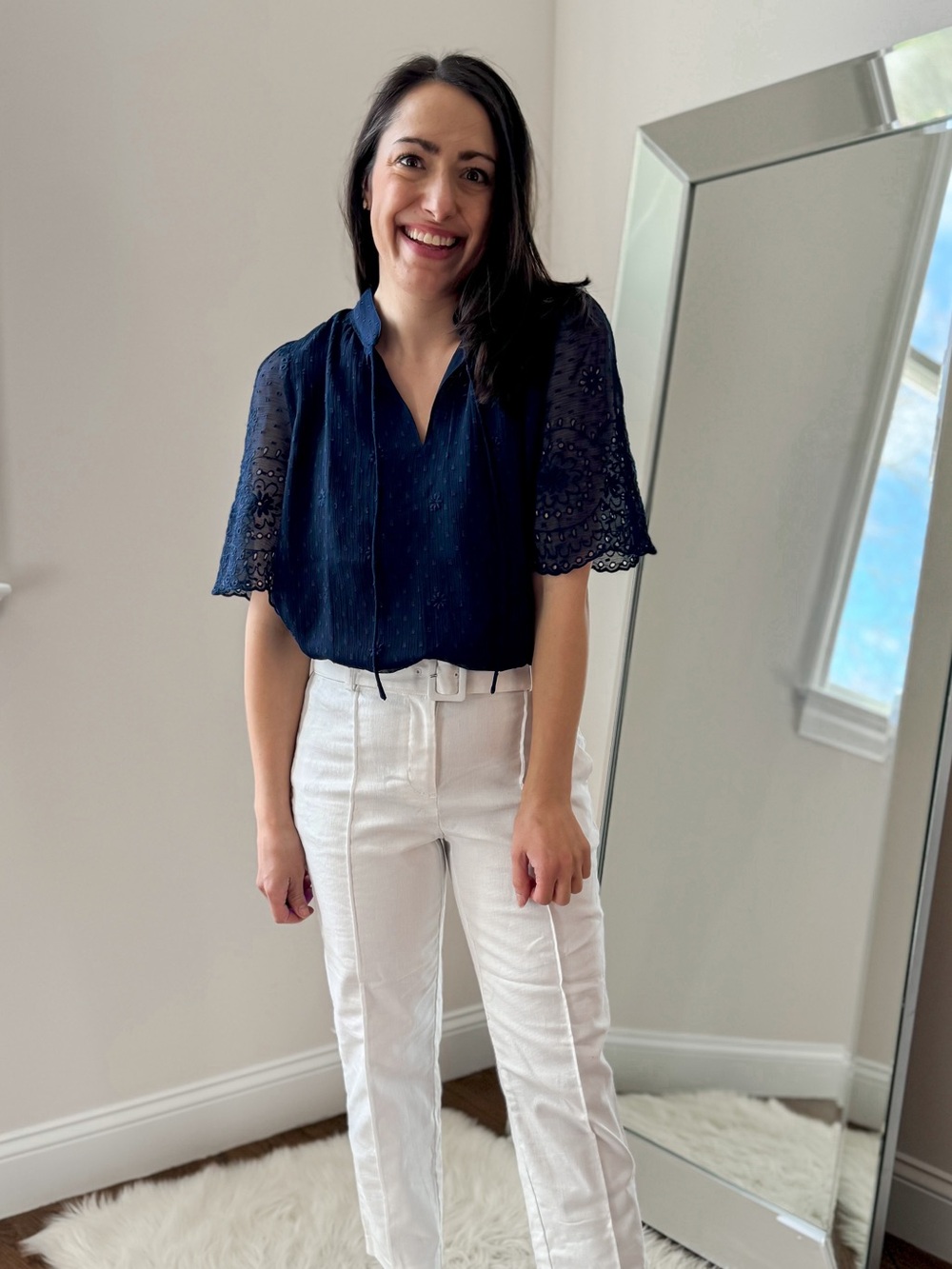 LOFT Navy Eyelet Sleeve Blouse